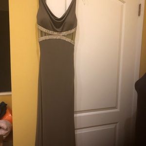 Stunning evening gown with a cowl neckline and rhinestone-embellished